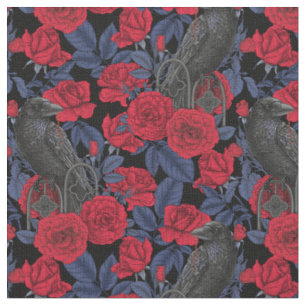 Tecido Ravens e rosas com folhas azuis escuras