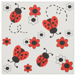 Tecido Red Ladybug Lady Bug Floral White Fllowers