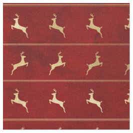Tecido Reindeer de Natal Dourado em Vermelho
