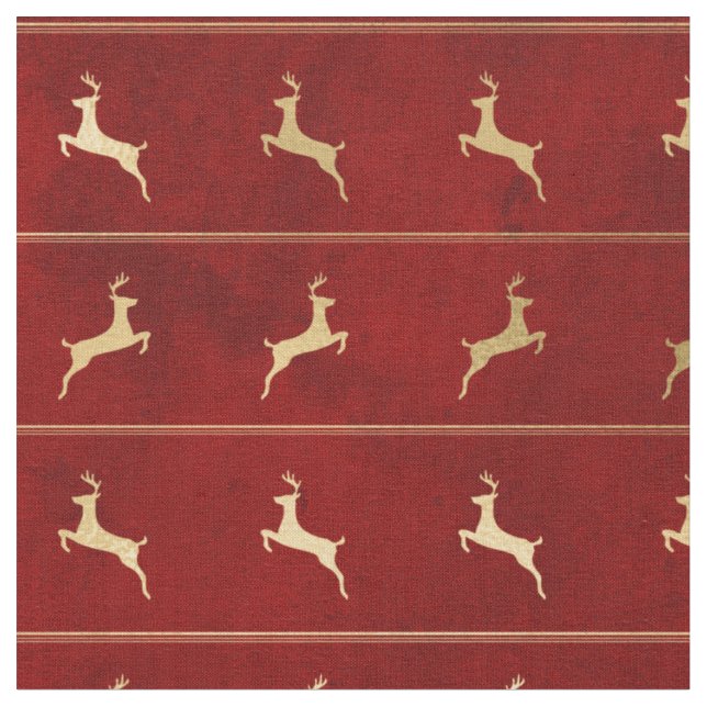 Tecido Reindeer de Natal Dourado em Vermelho (Detalhe)