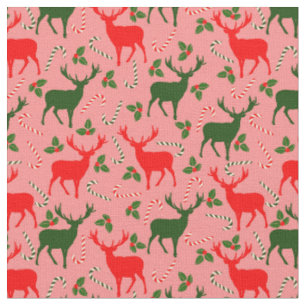 Tecido renas de natal cor-de-rosa