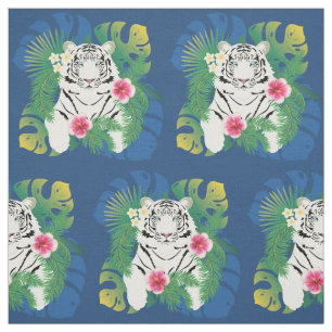 Tecido Retrato tigre branco com folhas tropicais