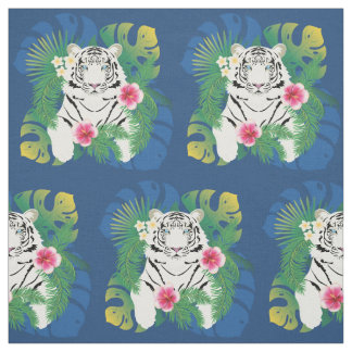 Tecido Retrato tigre branco com folhas tropicais