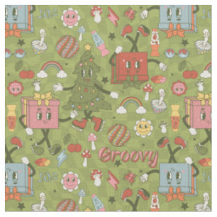 Tecido retro groovy 1970 disco árvore de natal verde chec