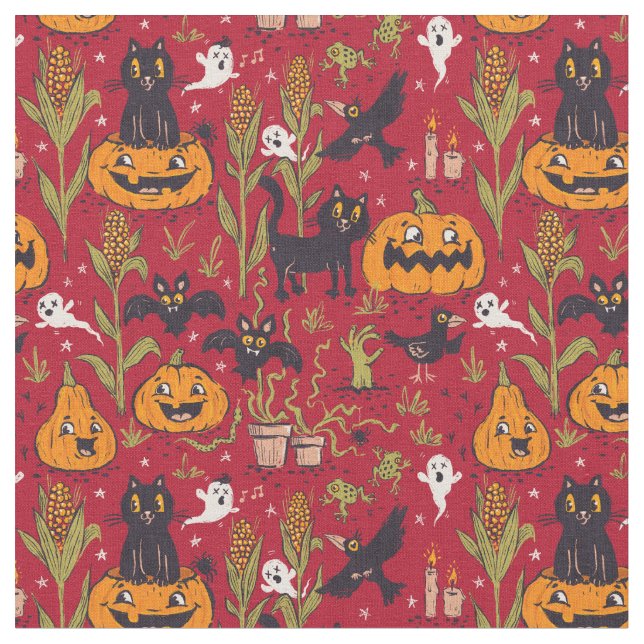 Tecido Retro Halloween pattern in vintage cartoon style. (Detalhe)