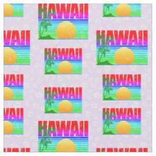 Tecido Retro Hawaii Sunset Beach Purple Hibiscus