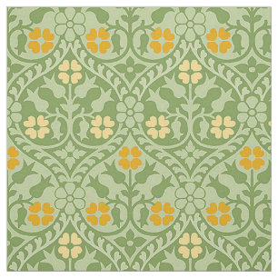 Tecido Revival Gótico Floral, Verde e Goldenrod