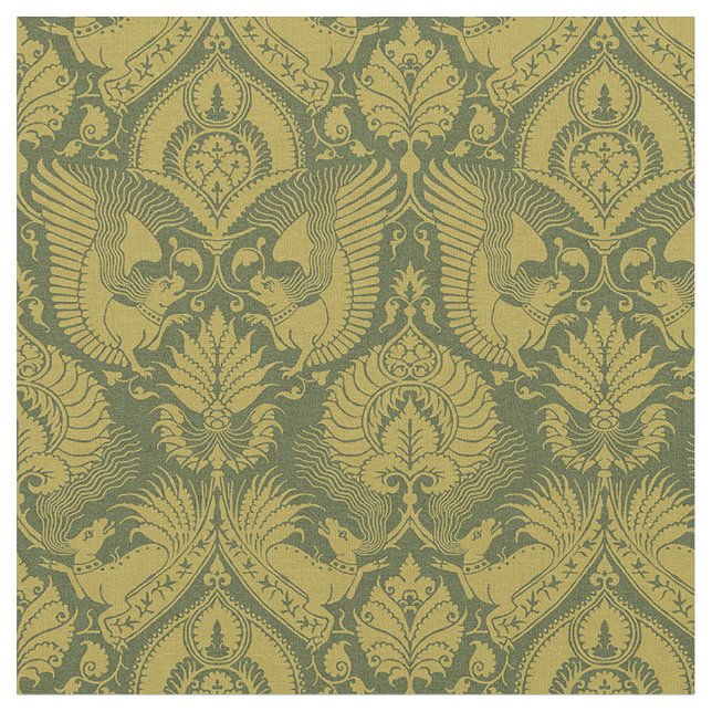 Tecido Rico Damasco com Animais, Dourado em Verde (Detalhe)