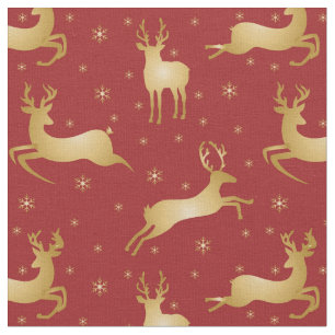 Tecido Rincas de Natal vermelhas e douradas