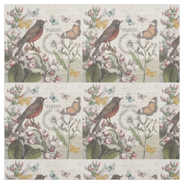 Tecido Robin Elegant Bird Butterfly Arte Francesa (Modelo)
