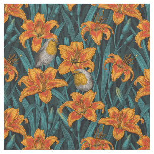 Tecido Robins e flores, cor de laranja e azul