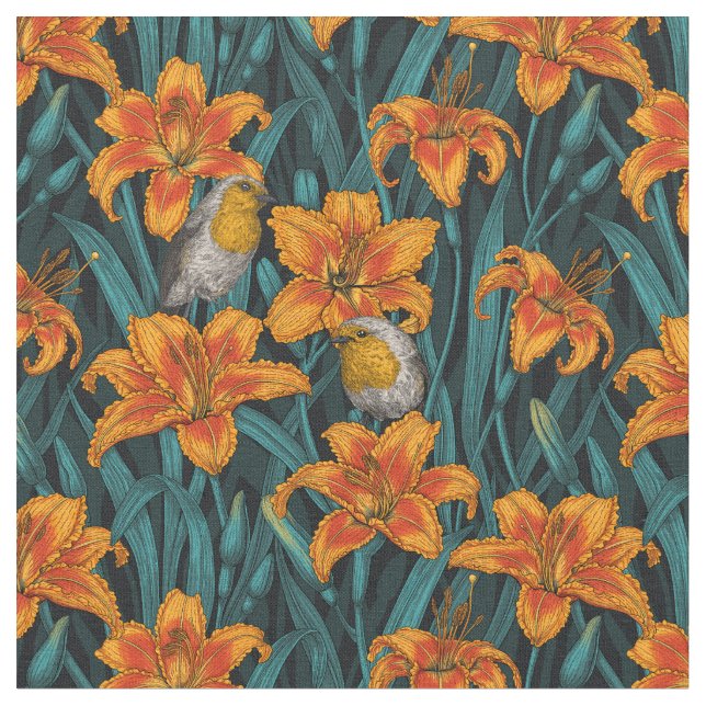 Tecido Robins e flores, cor de laranja e azul (Detalhe)