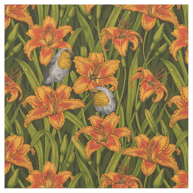 Tecido Robins e flores, cor de laranja e verde escuro (Detalhe)