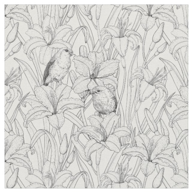 Tecido Robins e flores, preto e branco (Detalhe)