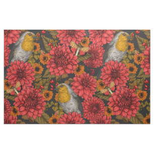 Tecido Robins no jardim do outono, dahlias vermelhas em p