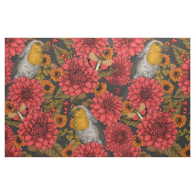 Tecido Robins no jardim do outono, dahlias vermelhas em p (Fat Quarter)