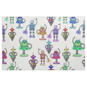 Tecido Robôs giros coloridos em fundo branco