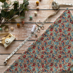 Tecido Robôs Retro Azul e Vermelho Padrão