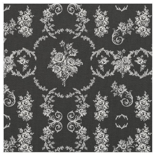 Tecido rococo - ornamentado preto botânico branco-preto (Detalhe)