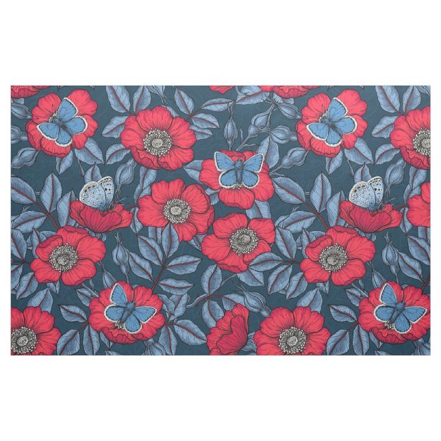 Tecido Rosa de cão e borboletas em azul e vermelho (Fat Quarter)