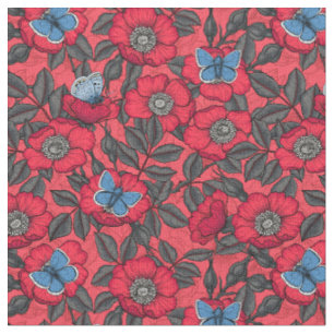 Tecido Rosa de cão e borboletas em vermelho e azul