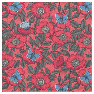 Tecido Rosa de cão e borboletas em vermelho e azul