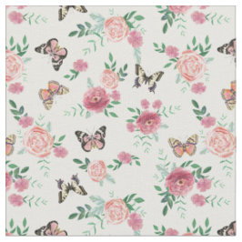 Tecido rosa de flores e borboletas