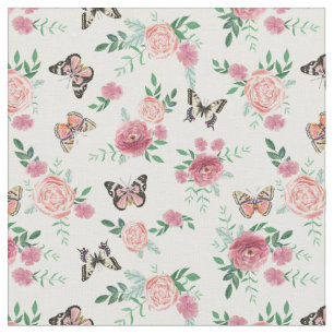 Tecido rosa de flores e borboletas