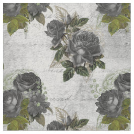 Tecido Rosa preto e folhas verdes em branco
