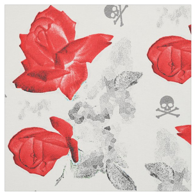 Tecido Rosa Skulls Gothic Red/Cinza Padrão (Modelo)