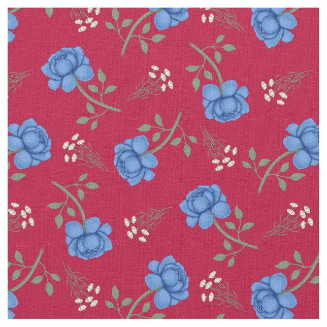 Tecido Rosas Azuis sobre Xadrez Vermelho (Detalhe)