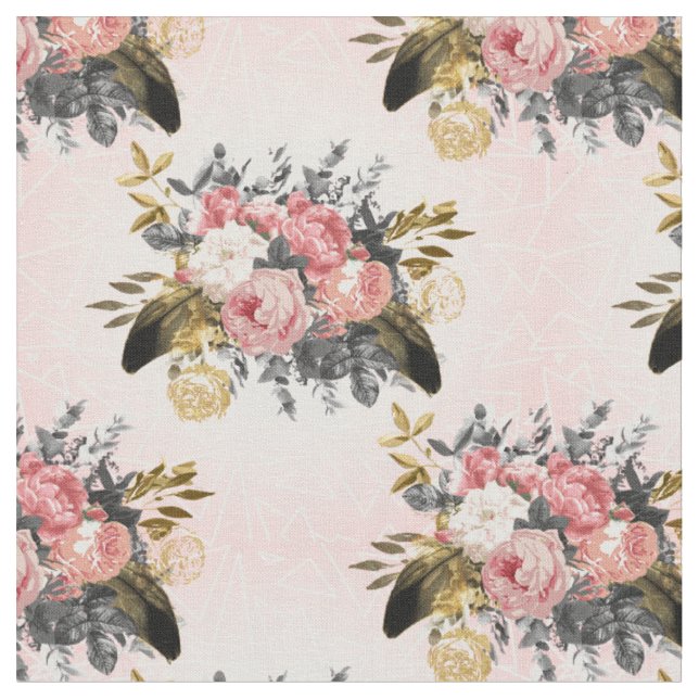 Tecido Rosas de colheita romântica e design geométrica (Detalhe)