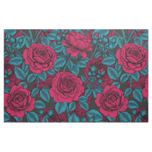 Tecido Rosas em vermelho e azul