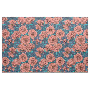 Tecido Rosas rosa com folhas azuis