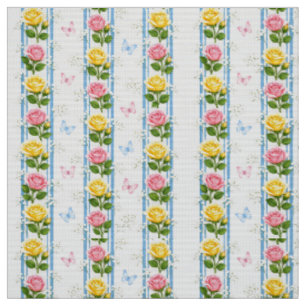 Tecido Rosas Rosa e Amarelo Floral Listra Azul