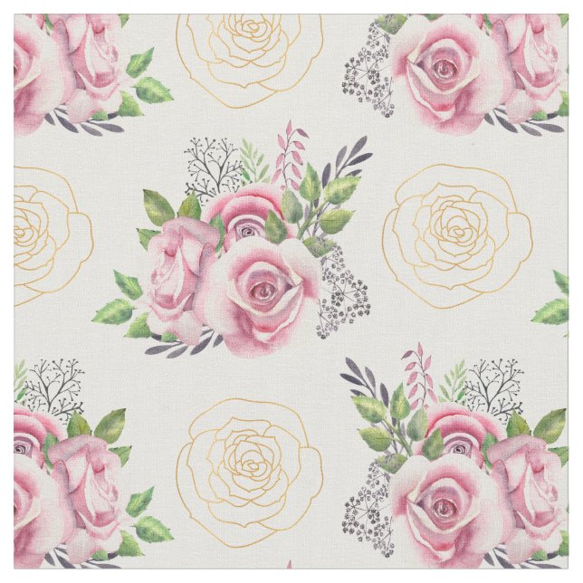 Tecido Rosas rosa e flores Douradas Aquarela (Detalhe)