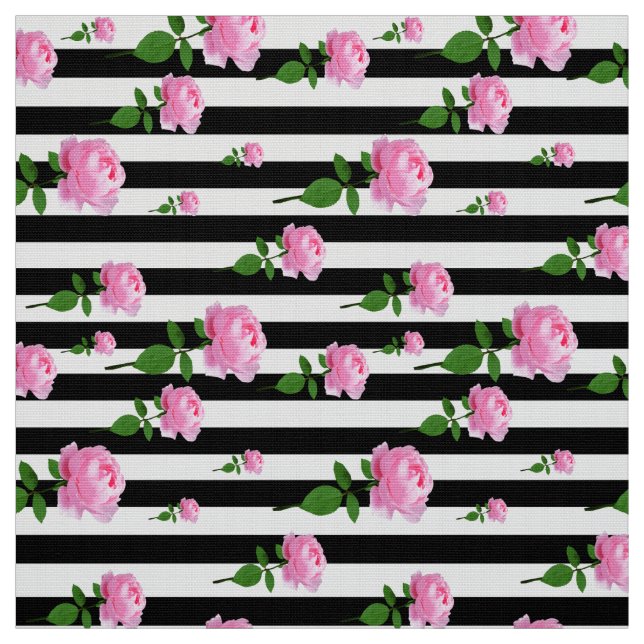 Tecido Rosas Rosa Flores Em Tiras Brancas Pretas (Modelo)