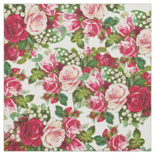 Tecido Rosas rosa-rosadas, vermelhas-vivas, flores botân
