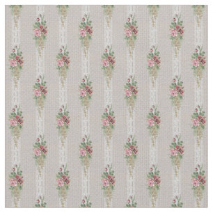 Tecido Rosas rosa vitorianas e faixas de rendas brancas