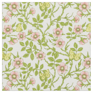 Tecido Rosas silvestres e borboletas /rosa/verde claro/am