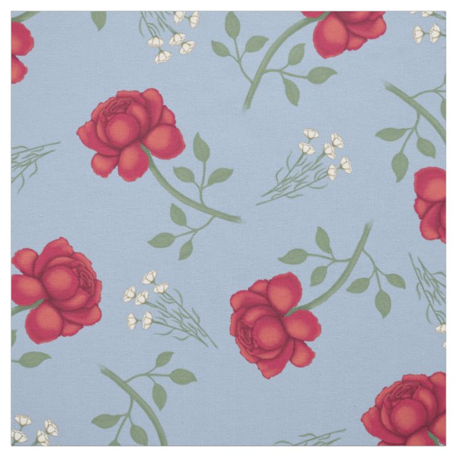 Tecido Rosas vermelhas em Calico Azul Claro Sobredimensio (Modelo)