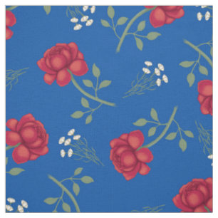 Tecido Rosas Vermelhas em Calico Azul Médio Oversized