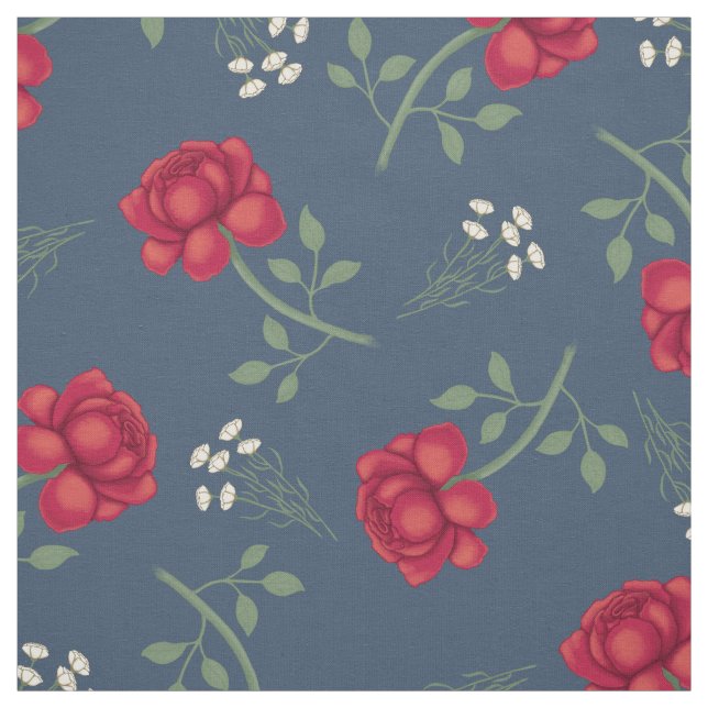 Tecido Rosas Vermelhas em Xadrez Azul Escuro (Modelo)