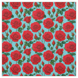 Tecido Rosas Vermelhas Vibrantes em um Fundo Azul Claro