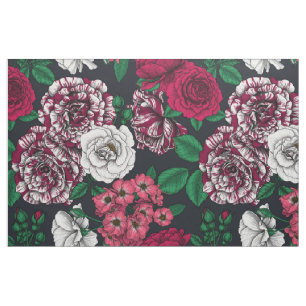 Tecido Rosas vermelhos, brancos e bicolores com folhas ve