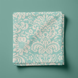 Tecido Rustic Linen Beige e Aqua Floral Damask