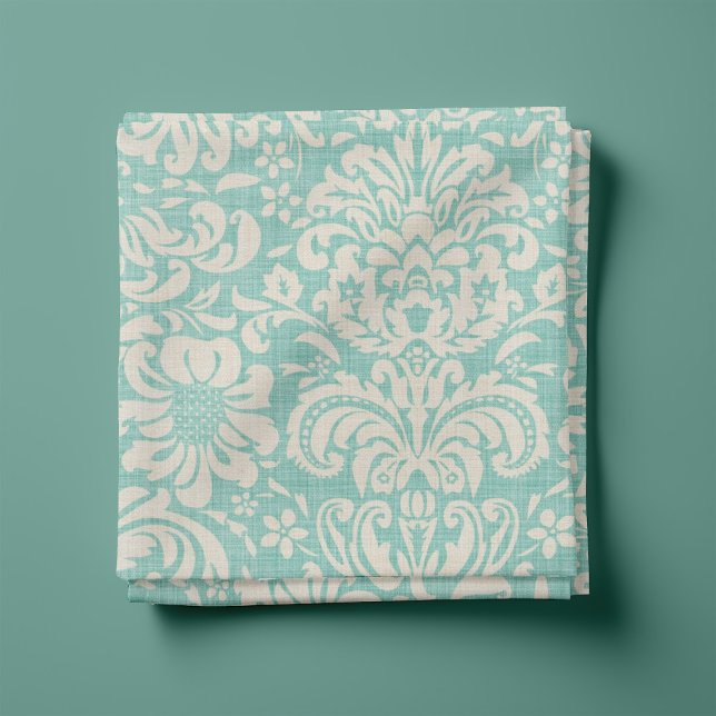 Tecido Rustic Linen Beige e Aqua Floral Damask (Criador carregado)