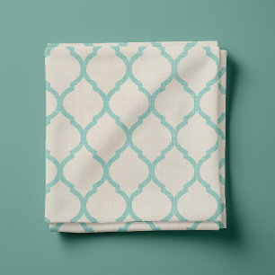 Tecido Rustic Linen Beige e Aqua Marroquina Quatrefoil