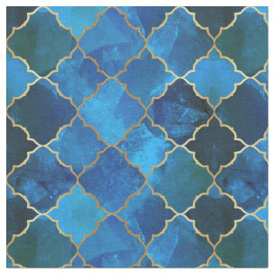 Tecido Sapphire Gemstone e Dourado padrão do Azulejo marr