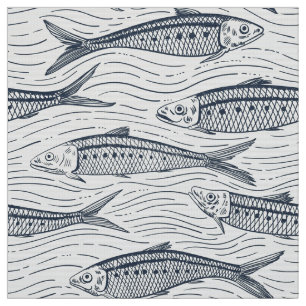 Tecido Sardinhas em Movimento em azul marinho e marfim
